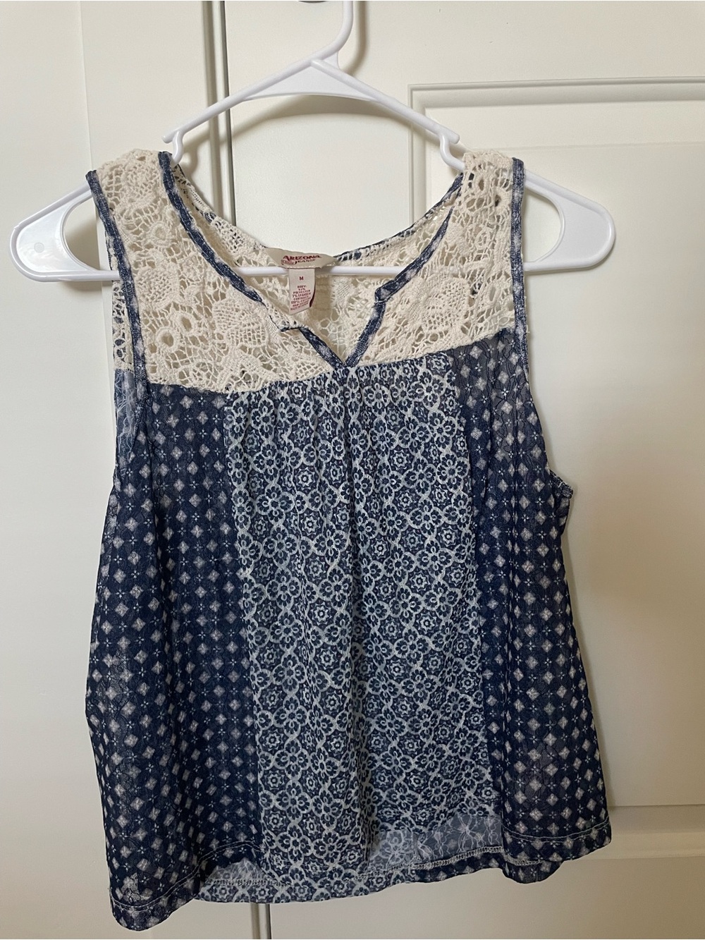 Arizona Jean Company Navy and Cream Lace Yoke Sleeveless Top